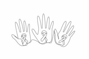 Single continuous line drawing three palms with campaign colors. The diverse perspectives. Experiences. Survivorship. Awareness. Support. Life. Rare Disease Day. One line design illustration vector