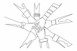 Single continuous line drawing eight hands with their sleeves stacked together and making circle. The interconnectedness. Solidarity. Shared vision. World NGO Day. One line design illustration vector