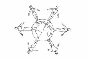 Single one line drawing six people standing around a globe. Collaborative efforts. Fostering a more interconnected world. Global reach. World NGO Day. Continuous line design graphic illustration vector