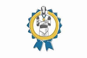 Single continuous line drawing robot crossed arm on chest while medal around neck. The rise of artificial intelligence. High technology. Employee Appreciation Day. One line design illustration vector