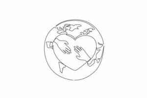 Single one line drawing heart with two palms in middle on a globe background. Global unity. Collaboration. Positive impact. Equitable world. World NGO Day. Continuous line design graphic illustration vector