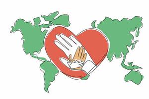Single continuous line drawing hands stacked in the middle of a heart shape on a world map background. The global compassion. Humanitarian efforts. World NGO Day. One line design illustration vector