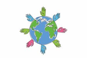 Continuous one line drawing a globe surrounded by hands of various colors. The global community coming together to support those affected. Rare Disease Day. Single line draw design illustration vector