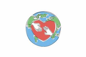 Single one line drawing heart with two palms in middle on a globe background. Global unity. Collaboration. Positive impact. Equitable world. World NGO Day. Continuous line design graphic illustration vector