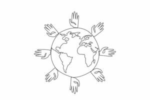 Continuous one line drawing a globe surrounded by hands of various colors. The global community coming together to support those affected. Rare Disease Day. Single line draw design illustration vector