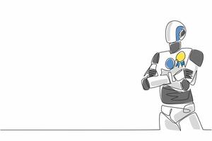 Single one line drawing a robot stands with arms crossed, medal pinned to chest. Winner of the future of innovation. Technology. Employee Appreciation Day. Continuous line design graphic illustration vector