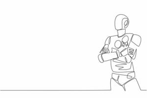 Single one line drawing a robot stands with arms crossed, medal pinned to chest. Winner of the future of innovation. Technology. Employee Appreciation Day. Continuous line design graphic illustration vector