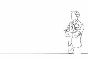 Single one line drawing man in suit and tie stands with arms crossed. Valid proof of glory. Prestige award. Achievement. Winner. Employee Appreciation Day. Continuous line design graphic illustration vector
