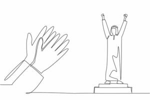 Continuous one line drawing Arabian man stands on the podium. Success, achievement, and cultural celebration. Applauds. Triumph. Employee Appreciation Day. Single line draw design illustration vector