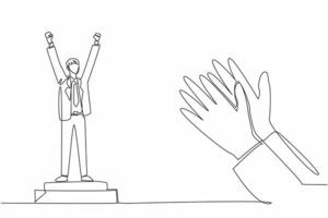 Single one line drawing man in suit and tie standing at podium. A pinnacle of achievement. Culmination of hard work. Dedication. Employee Appreciation Day. Continuous line design graphic illustration vector