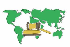 Continuous one line drawing gavel and stand with world map background. The importance of upholding legal principles worldwide. World Day of Social Justice. Single line draw design illustration vector