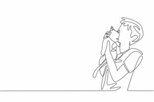 Single one line drawing a boy lovingly embracing and kissing cat. The pure and unconditional love between humans and animals. National Love Your Pet Day. Continuous line design graphic illustration vector