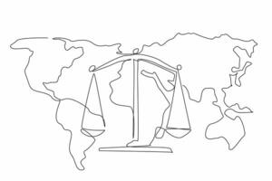 Single one line drawing scales on world map background. Justice and impartiality. Importance of global cooperation. Balance. World Day of Social Justice. Continuous line design graphic illustration vector