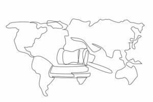 Continuous one line drawing gavel and stand with world map background. The importance of upholding legal principles worldwide. World Day of Social Justice. Single line draw design illustration vector