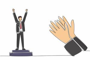 Single one line drawing man in suit and tie standing at podium. A pinnacle of achievement. Culmination of hard work. Dedication. Employee Appreciation Day. Continuous line design graphic illustration vector