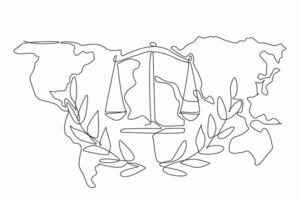 Continuous one line drawing a scales of justice on the world map background. Global commitment to fairness and peace. Triumph. World Day of Social Justice. Single line draw design illustration vector