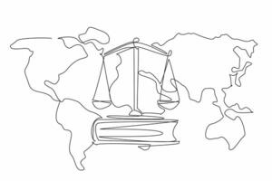 Continuous one line drawing scales under thick books on the world map background. Importance of legal knowledge. Global law. World Day of Social Justice. Single line draw design illustration vector