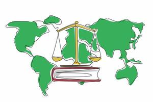Continuous one line drawing scales under thick books on the world map background. Importance of legal knowledge. Global law. World Day of Social Justice. Single line draw design illustration vector
