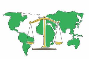 Single one line drawing scales on world map background. Justice and impartiality. Importance of global cooperation. Balance. World Day of Social Justice. Continuous line design graphic illustration vector