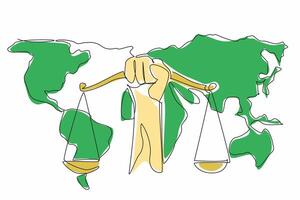 Single continuous line drawing a scale of justice hold in hand with world map background. Justice on entire world. Global. Equality. World Day of Social Justice. One line design illustration vector