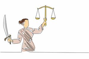 Continuous one line drawing themis holds a sword in one hand and holds scales in the other. The concept of the justice of law. World Day of Social Justice. Single line draw design illustration vector