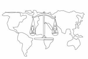 Single continuous line drawing two people on each side of the scales on the world map background. Non-discrimination. Equal justice. World Day of Social Justice. One line design illustration vector