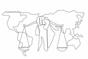 Single continuous line drawing a scale of justice hold in hand with world map background. Justice on entire world. Global. Equality. World Day of Social Justice. One line design illustration vector