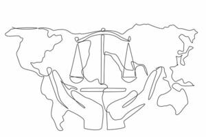 Single one line drawing two hands holding the scale on the world map background. Human effort to support justice in the world. World Day of Social Justice. Continuous line design graphic illustration vector
