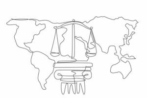 Single one line drawing scales on concrete pillars on the world map background. The foundation of a just society. Stability. World Day of Social Justice. Continuous line design graphic illustration vector
