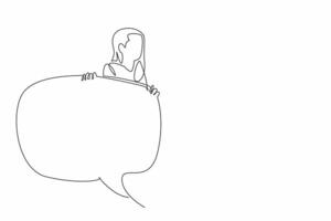 Single one line drawing adult woman emerges from behind large callout. Curiosity, mystery, and a desire to communicate. International Mother Language Day. Continuous line design graphic illustration vector