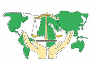 Single one line drawing two hands holding the scale on the world map background. Human effort to support justice in the world. World Day of Social Justice. Continuous line design graphic illustration vector