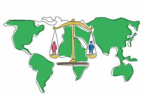 Single continuous line drawing two people on each side of the scales on the world map background. Non-discrimination. Equal justice. World Day of Social Justice. One line design illustration vector