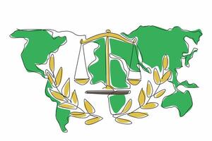 Continuous one line drawing a scales of justice on the world map background. Global commitment to fairness and peace. Triumph. World Day of Social Justice. Single line draw design illustration vector