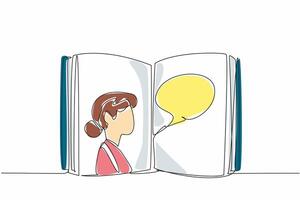 Continuous one line drawing an open book with a woman's face on one page. Connection between the reader and the author. International Mother Language Day. Single line draw design illustration vector