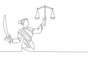 Continuous one line drawing themis holds a sword in one hand and holds scales in the other. The concept of the justice of law. World Day of Social Justice. Single line draw design illustration vector