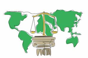 Single one line drawing scales on concrete pillars on the world map background. The foundation of a just society. Stability. World Day of Social Justice. Continuous line design graphic illustration vector