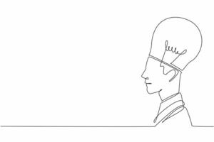 Continuous one line drawing a head has half of its part replaced with a bulb lamp. A mind bursting with ideas. Illumination. Innovation. World Thinking Day. Single line draw design illustration vector