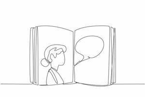 Continuous one line drawing an open book with a woman's face on one page. Connection between the reader and the author. International Mother Language Day. Single line draw design illustration vector
