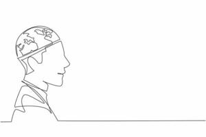 Single continuous line drawing a head with half of parts replaced with globe. Global awareness. Mind that encompasses world. Interconnectedness. World Thinking Day. One line design illustration vector