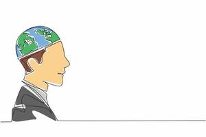 Single continuous line drawing a head with half of parts replaced with globe. Global awareness. Mind that encompasses world. Interconnectedness. World Thinking Day. One line design illustration vector
