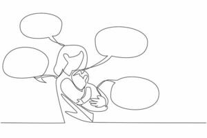 Single one line drawing the mother holding child and all around are callouts. The constant communication. Nurturing. International Mother Language Day. Continuous line design graphic illustration vector