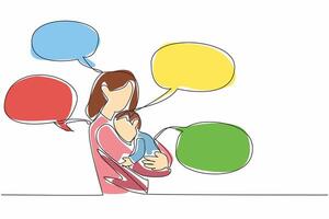 Single one line drawing the mother holding child and all around are callouts. The constant communication. Nurturing. International Mother Language Day. Continuous line design graphic illustration vector