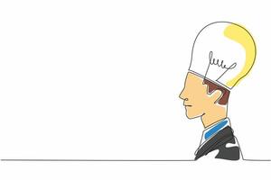 Continuous one line drawing a head has half of its part replaced with a bulb lamp. A mind bursting with ideas. Illumination. Innovation. World Thinking Day. Single line draw design illustration vector