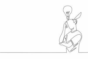 Continuous one line drawing person deep in thought with a lightbulb hovering above head. Creativity, inspiration and a brilliant idea. World Thinking Day. Single line draw design illustration vector
