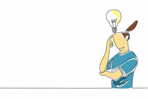 Continuous one line drawing person deep in thought with a lightbulb hovering above head. Creativity, inspiration and a brilliant idea. World Thinking Day. Single line draw design illustration vector