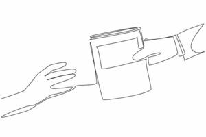 Single continuous line drawing a hand extends to receive book from another hand. Gift. A loan. Exchange. Sharing. Transfer knowledge. International Book Giving Day. One line design illustration vector