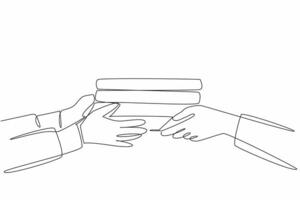 Continuous one line drawing two hands, one passing a stack of books to the other. Education and learning. Mutual respect. International Book Giving Day. Single line draw design illustration vector