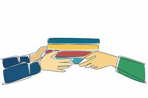 Continuous one line drawing two hands, one passing a stack of books to the other. Education and learning. Mutual respect. International Book Giving Day. Single line draw design illustration vector