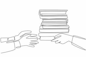 Single one line drawing two hands, one passing a stack of books to other. Transfer of knowledge. Symbolic gesture of sharing. International Book Giving Day. Continuous line design graphic illustration vector