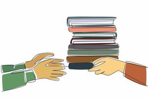 Single one line drawing two hands, one passing a stack of books to other. Transfer of knowledge. Symbolic gesture of sharing. International Book Giving Day. Continuous line design graphic illustration vector